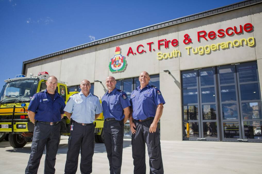 Senior firefighter Mitch Brennan, station officer Paul Thorpe, senior firefighters Mark Callaway, and Gavin Kaylock at the official opening of the new ACT Fire and Rescue station at South Tuggeranong. 

 Photo: Jamila Toderas