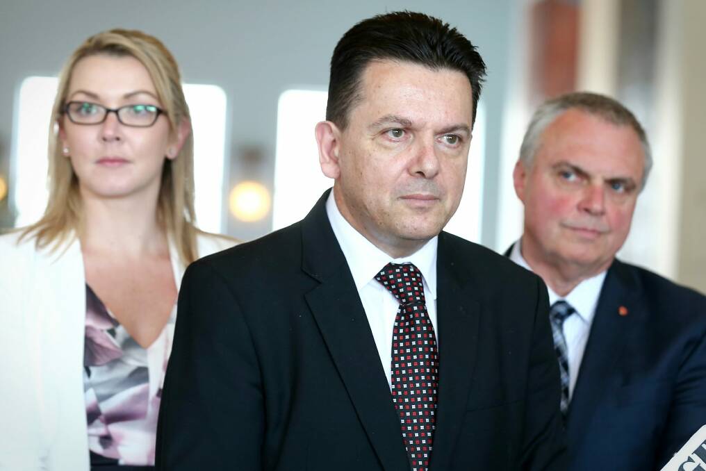Nick Xenophon Team senators Skye Kakoschke-Moore, Nick Xenophon and Stirling Griff have the power to block changes to section 18C. Photo: Alex Ellinghausen