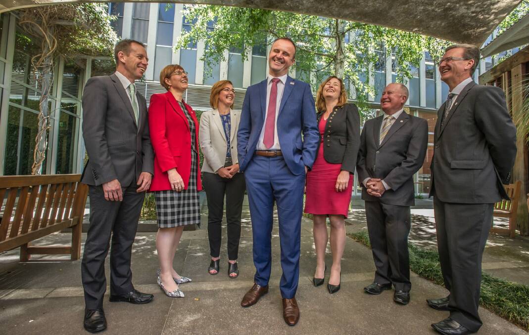 Chief Minister Andrew Barr announces his ministry, from left, Shane Rattenbury, Rachel Stephen-Smith, Meegan Fitzharris, Andrew Barr, Yvette Berry, Mick Gentleman and Gordon Ramsay. Photo: Karleen Minney