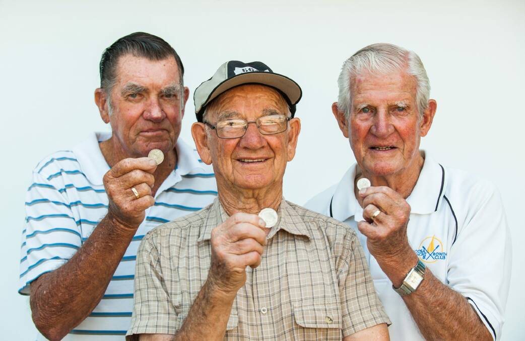 Retired Canberra bus drivers Reg Walters, 75, of Watson; Dick Redman, 87, of Ainslie, and Pat Torpy, 79, of Dickson. They were at the coalface of the switchover to decimal currency 50 years ago on Sunday. Photo: Elesa Kurtz