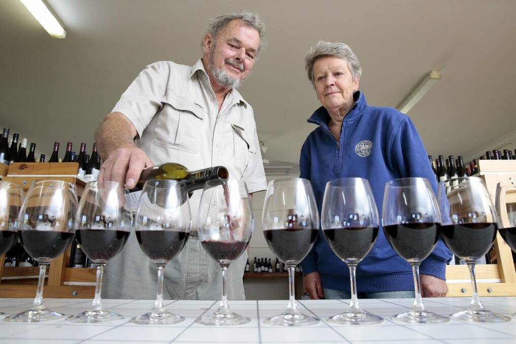  Australian Cool Climate Wine Show founder Virginia Rawling and chief steward Duncan Leslie prepare for the show at the Murrumbateman Recreation Grounds Hall.  Photo: Jeffrey Chan