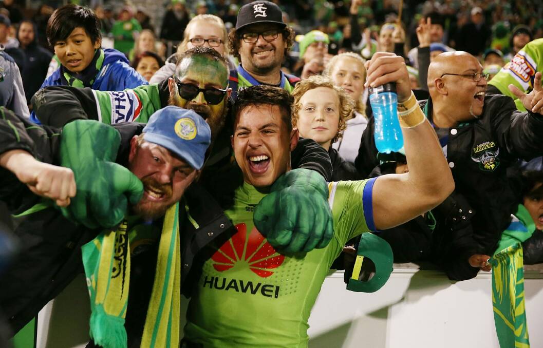 Joseph Tapine of the Raiders celebrates with fans after victory in the second NRL Semi Final match between the Canberra Raiders and the Penrith Panthers at GIO Stadium on September 17 in Canberra. Photo: Mark Metcalfe