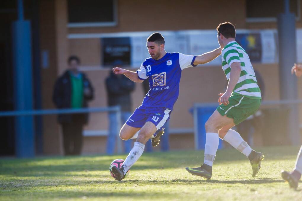 Tuggeranong United v Canberra Olympic at O'Connor Enclosed. Olympic's Stephen Domenici Photo: Rohan Thomson
