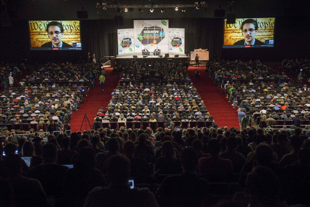 Edward Snowden on screen at the South By Southwest festival in Austin, Texas. Photo: Bloomberg