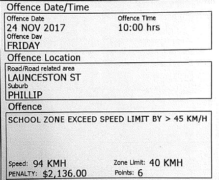 on Friday, 24 November 2017, ACT Policing detected a motorist travelling at 94 kilometres an hour in a school zone  Photo: Supplied
