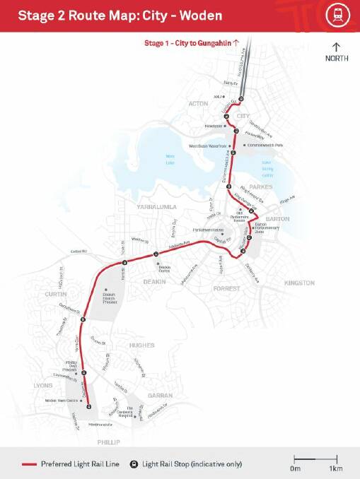 A map of the ACT government\'s preferred stage two light rail route through Parkes and Barton