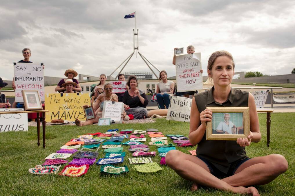Suki Dorras-Walker has been outside Parliament House every day for a month in support for people on Manus Island.  Photo: Jamila Toderas