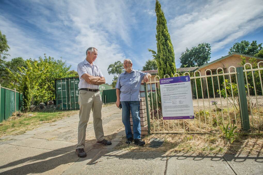 Jeff Allen, left, and Ian Warburton, who are among a group of Giralang residents opposed to a proposed 24-person boarding house.  Photo: Karleen Minney.