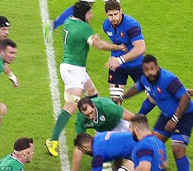 Punch: Ireland's Sean O'Brien lashes out against France. Photo: Screen grab: ITV