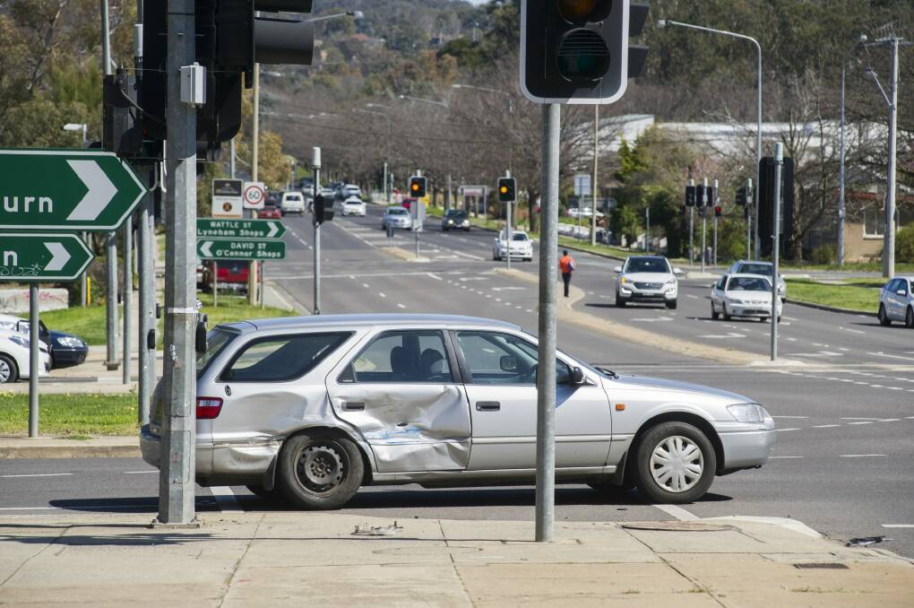 The scene of a two-car crash on the corner of Northbourne Avenue and Wakefield Avenue.