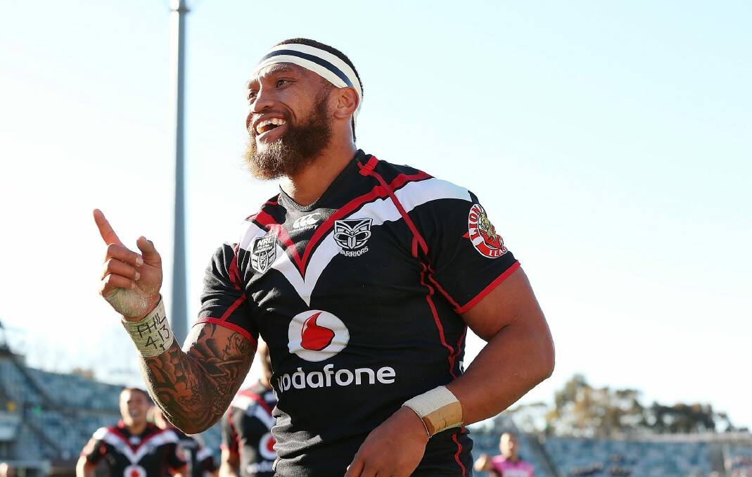 Warriors winger Manu Vatuvei celebrates one of his three tries against the Canberra Raiders on August 3, 2014. Photo: Getty Images