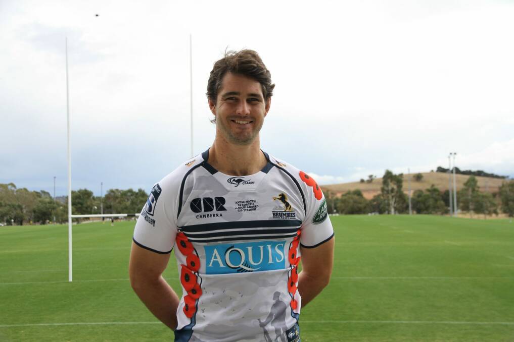 Brumbies lock Sam Carter models the club's Anzac Day jersey.