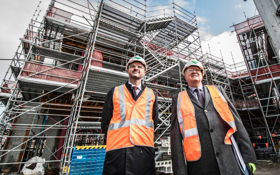 Chief Minister Andrew Barr (left) and ANU vice-chancellor Prof Brian Schmidt on site at the new Kambri precinct. Photo: Karleen Minney.