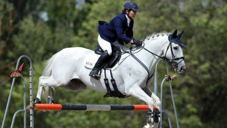Natalie Blundell, on Algebra, warming up for the showjumping event at Equestrian Park on Sunday. Photo: Graham Tidy
