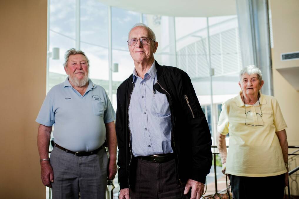  From left, former scheme workers Artur Baumhammer, 81, Denis Woodhams 84, and Dorothy Karman 83. Photo: Jamila Toderas
