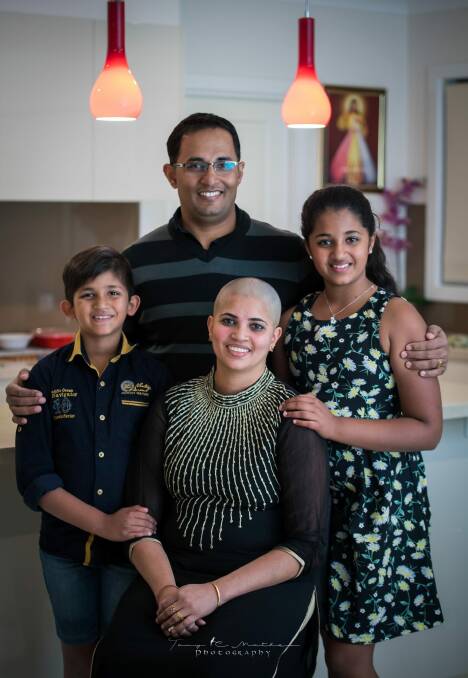Coombs mum Bindhu Jexin soon after she took part in the World's Greatest Shave for her son Tom, 9, who is now in remission from leukaemia, with the support of husband Jexin and daughter Angelina, 11. Photo: Tony C Mathew