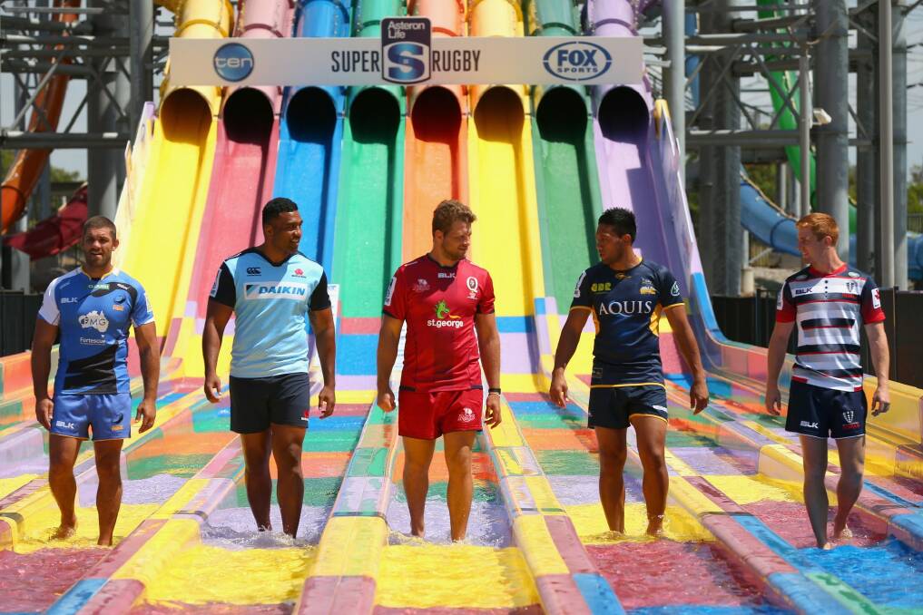 Players from Australia's Super Rugby franchises gathered at Wet'n'Wild on Wednesday for the season launch. Photo: Cameron Spencer