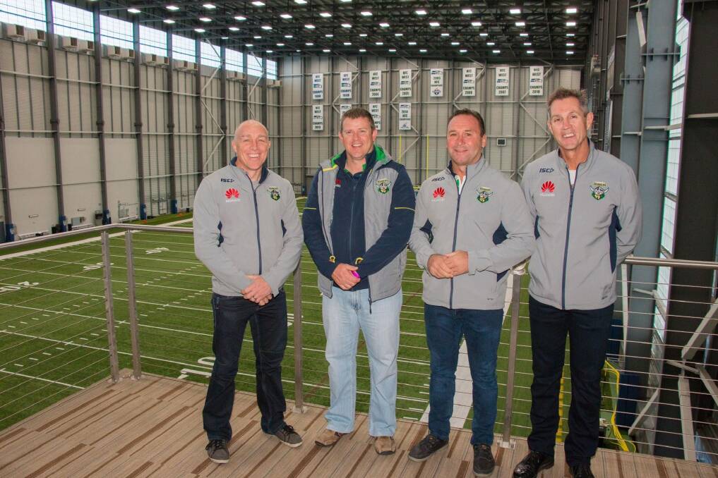 Raiders football manager John Bonasera, commercial and marketing manager Jason Mathie, Raiders coach Ricky Stuart and chief executive Don Furner check out the indoor training facility of the Seattle Seahawks. Photo: Supplied