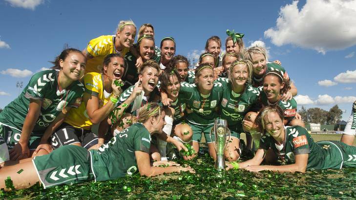 Canberra United players celebrate their W-League championship in January. Photo: Gary Schafer