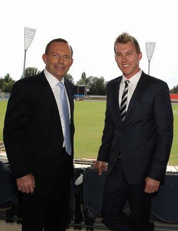 Prime Minister Tony Abbott and Brett Lee at Manuka Oval.