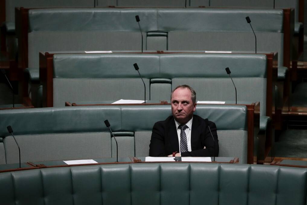 Former Deputy Prime Minister Barnaby Joyce sits on the backbench during debate in the House of Representatives at Parliament House in Canberra on Tuesday 27 February 2018. fedpol Photo: Alex Ellinghausen Photo: Alex Ellinghausen