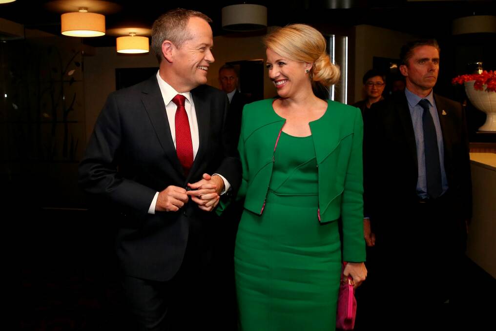 Opposition Leader Bill Shorten with wife Chloe after the debate. Photo: Alex Ellinghausen