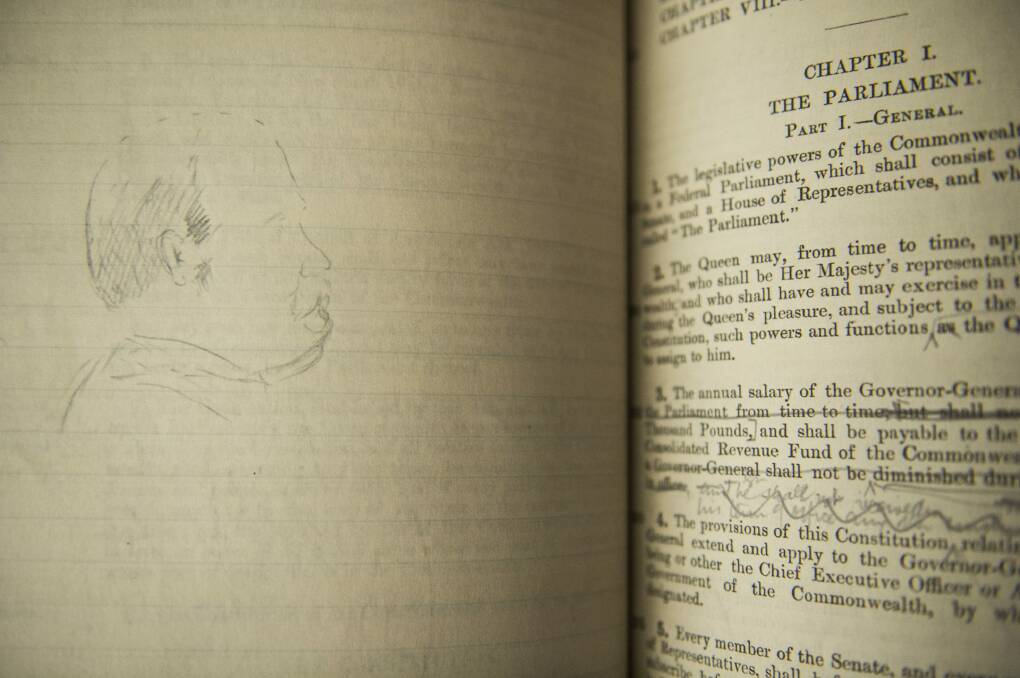 A physical copy of Edmund Barton's 1891 draft Australian constitution with his own scribblings and hand-drawn pictures can be viewed as part of the Federation Gallery. The person depicted is unknown.  Photo: Jay Cronan