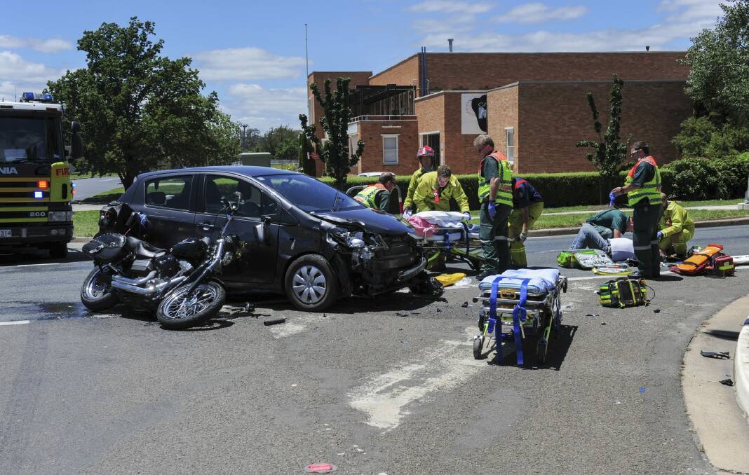 Scene of a collision between a motorcycle and a car in Kingston on Saturday morning. Photo: Graham Tidy