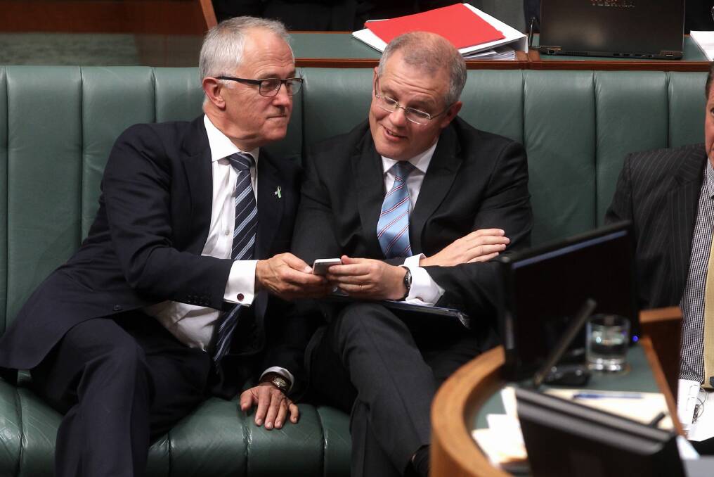 The partnership of Malcolm Turnbull and his Treasurer, Scott Morrison, will be crucial to the Coalition's success. Photo: Alex Ellinghausen