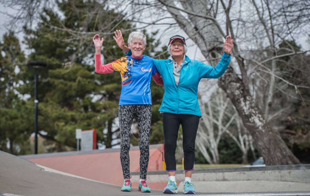 Anne Young, 83, (left) who has run the Canberra Times fun run for almost 30 years and good friend Suzanne Counsel, 78. Photo: Karleen Minney