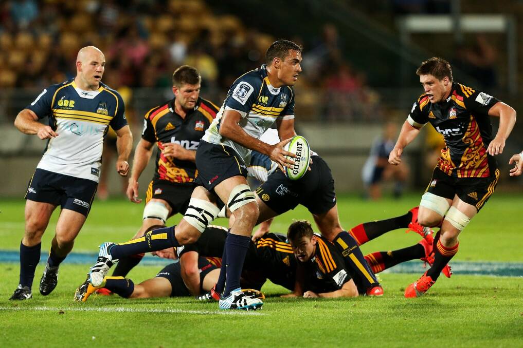 The big man: Rory Arnold of the Brumbies runs the ball during the round two Super Rugby match between the Chiefs and the Brumbies. Photo: Hagen Hopkins