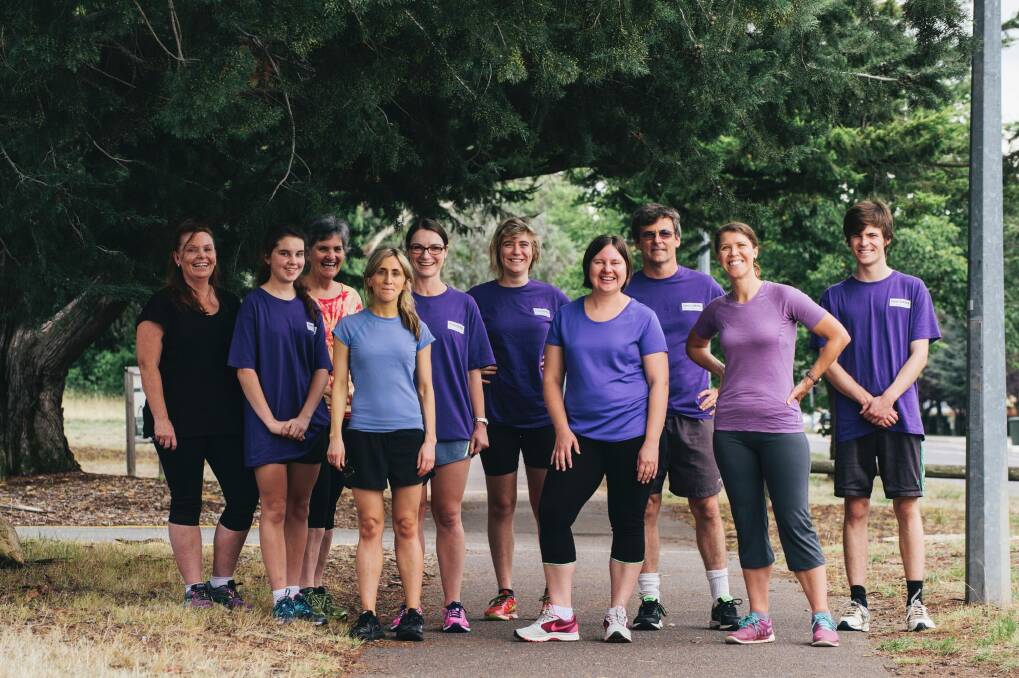(L-R) Sharon Bessell, Madleine Bessell-Koprek, Clare Holberton, Kelly Williamson, Michelle Carr, Larissa Barritt, Lindy Kanan, Stephen Howes, Ruth Nicholls and Michael Howes who are all running in the Australian Running Festival fundraising for Femili PNG. Photo: Rohan Thomson