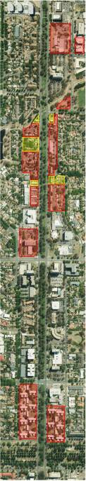 Northbourne Avenue public housing: Buildings marked in red will be demolished, those in yellow will be protected. Photo: Supplied