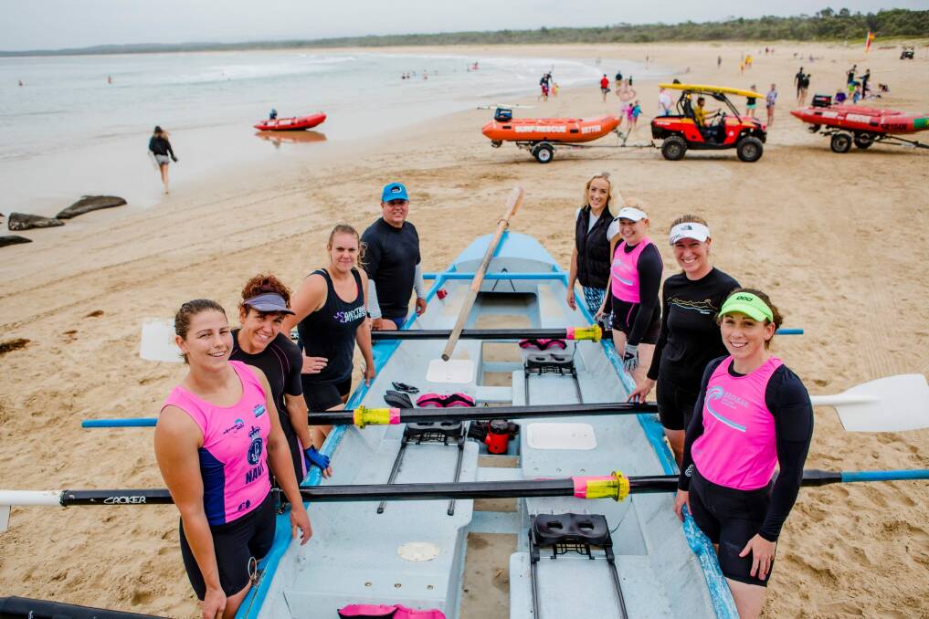 Gary Pettigrove, pictured back left, with the Broulee Canberra capitals competed in the George Bass surfboat and ski marathon early this year.  Photo: Jamila Toderas