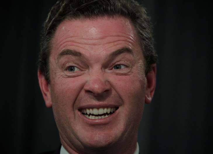 Christopher Pyne  ... used Obama's visit to score points about a Rudd challenge. Photo: Alex Ellinghausen