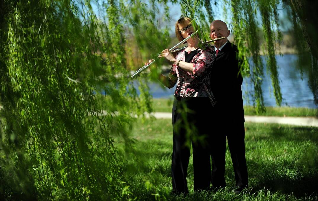 Virginia Taylor and Vernon Hill play by  Lake Burley Griffin in late 2011 to launch the Canberra Symphony Orchestra's 2012 season. Photo: Karleen Minney