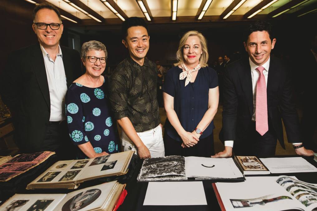New National Library ambassadors Garth Nix, Benjamin Law, and Kaz Cooke, with the library's director general Dr Marie-Louise Ayres (second from left), and council chair Ryan Stokes (far right). Photo: Jamila Toderas