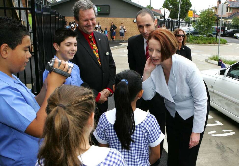 Julia Gillard meets students at Our Lady of the Rosary in Sydney today, with local MP David Bradbury. Photo: Gary Warrick