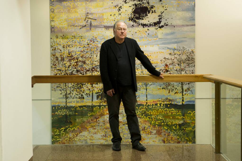 Artist Imants Tillers with the completed tapestry. Photo: Jay Cronan