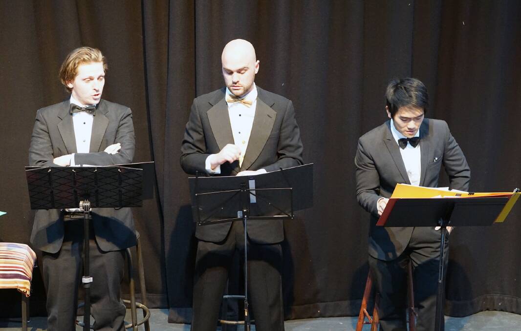From left, Michael Cooper, Ben Russell and Tim Lim in <i>Radio on Repertory Lane</i>. Photo: Helen Drum