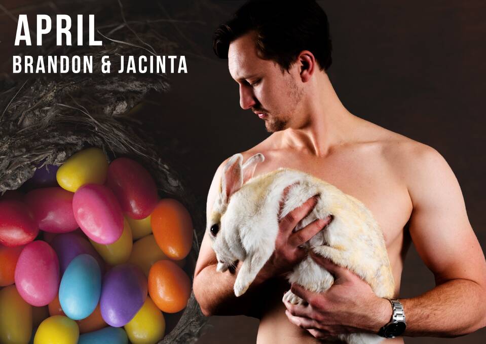 Brandon and Jacinta the bunny starred on the April page of the men of Mooseheads security calendar. Photo: Supplied