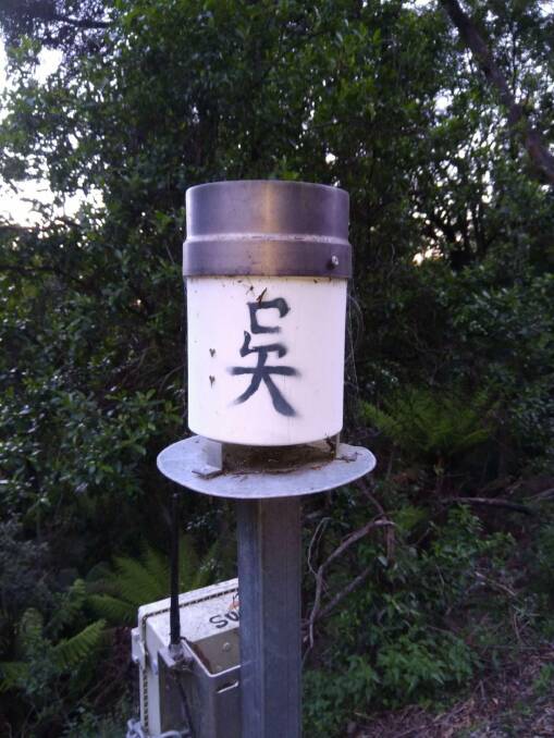 A Chinese graffiti tag meaning "Wu" adorns this electronic rain gauge on the Clyde Mountain. Photo: Tim the Yowie Man