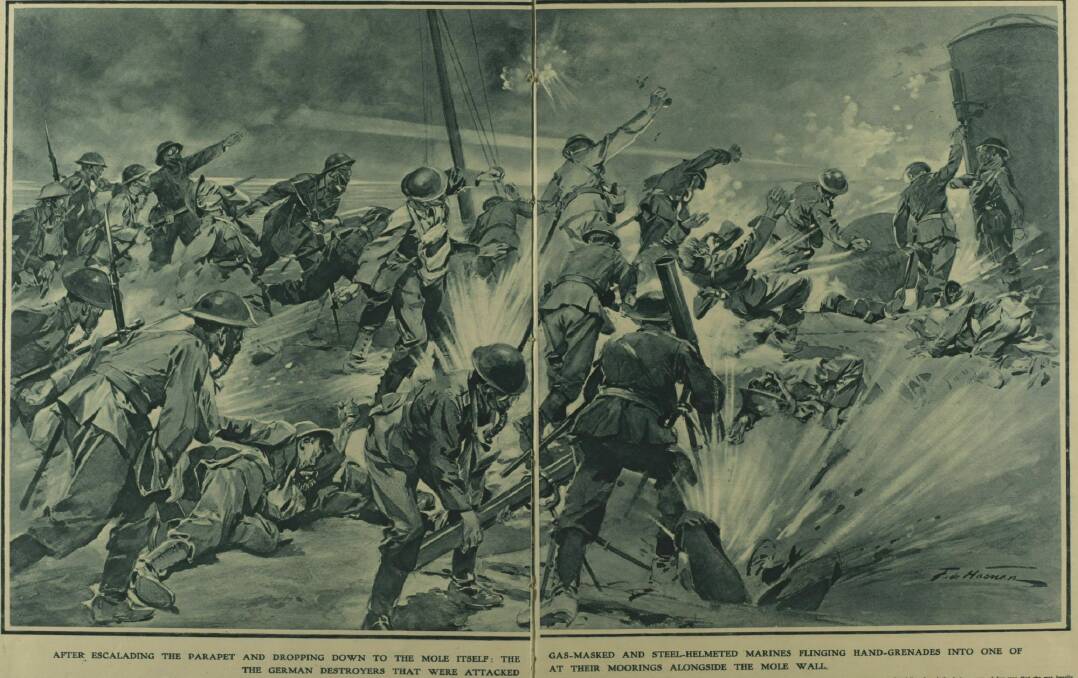 A bad day at the office: This artist's impression of the landing on the Mole at Zeebrugge was published in the Illustrated London News in May, 1918.

Marines at Zeebrugge - art impression.JPG