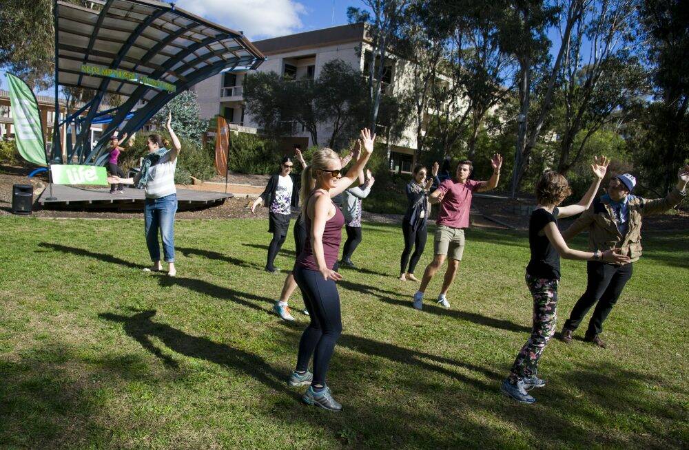 Zumba instructor Angie Egan leads a class at University of Canberra to help students stress less. Photo: Elesa Kurtz