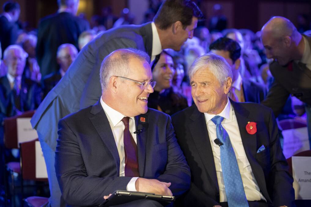 Prime Minister Scott Morrison and chairman of the Australian War Memorial Council Kerry Stokes at the launch of the memorial's half-a-billion-dollar redevelopment. Photo: Sitthixay Ditthavong