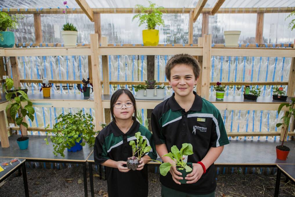 Richardson Primary School students Genevieve Ng and Alexander Lai ,11, in 'The Plastic Palace'. 

 Photo: Jamila Toderas
