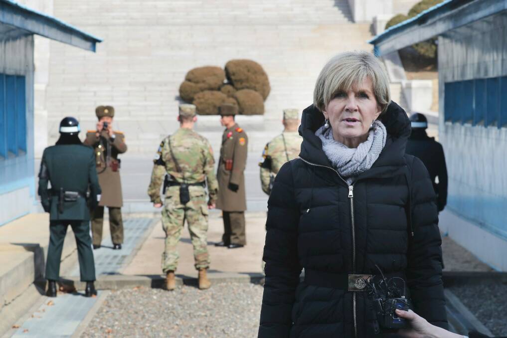 Foreign Minister Julie Bishop speaks to the media during her visit to the border village of Panmunjom in  South Korea in February. Photo: Lim Byug-shick