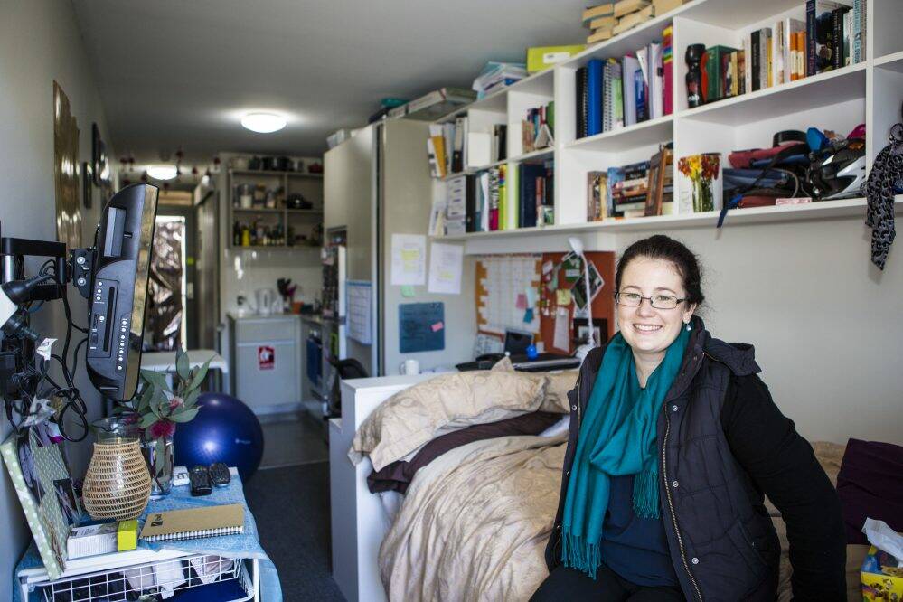 Natasha Purvis is a resident at Ursula Hall, a residential college that has been constructed from old shipping containers. Photo: Jamila Toderas