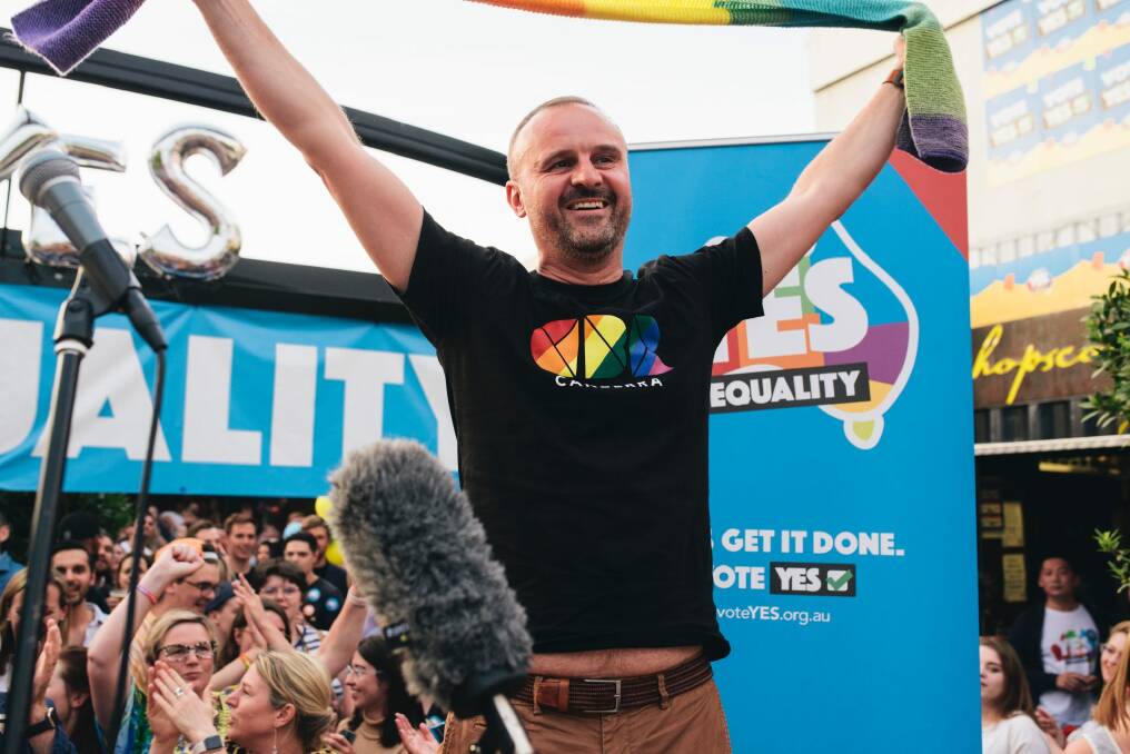 Andrew Barr celebrates the marriage equality vote result at last week's Braddon street party.  Photo: Rohan Thomson