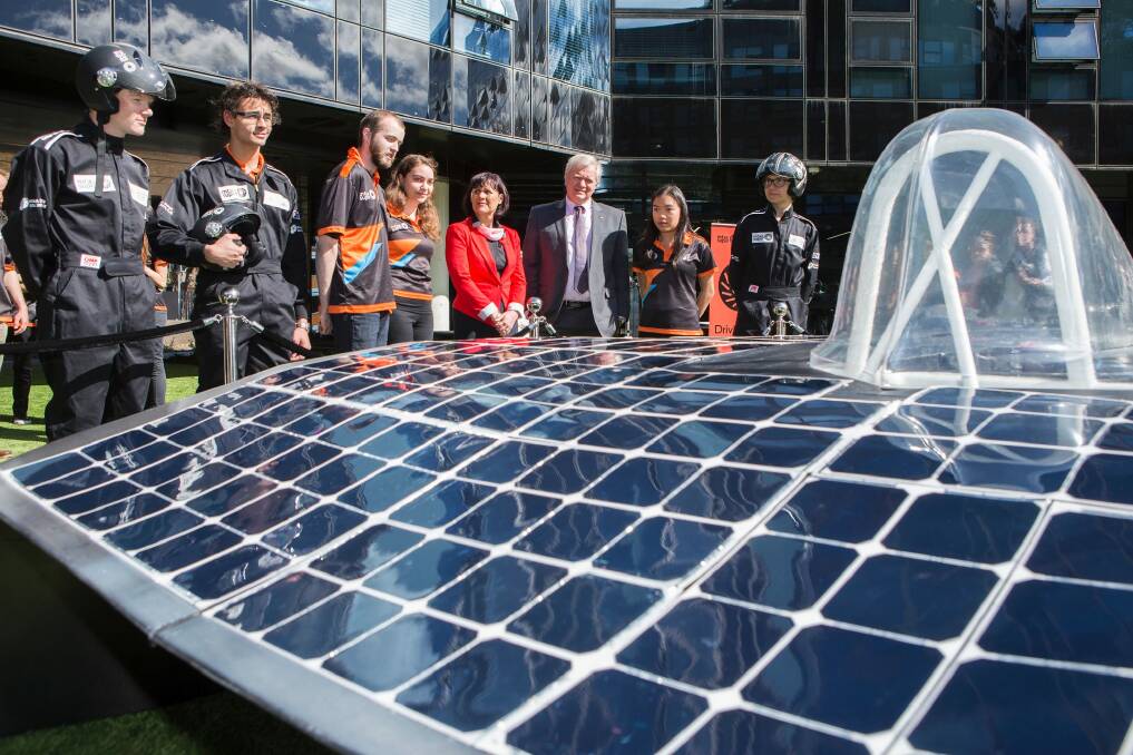 Students from ANU unveiled its first solar car to compete in the World Solar Challenge. Photo: Stuart Hay